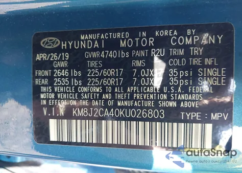 2019 Hyundai Tucson Se из США, поврежденный, VIN KM8J2CA40KU026803
